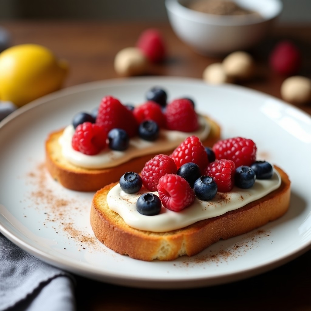 Tostadas doradas de pan de yuca con una capa cremosa de crema de macadamia, coronadas con frutos rojos frescos, semillas de chía y un toque de canela, servidas en un plato blanco rústico sobre una mesa de madera con luz natural.