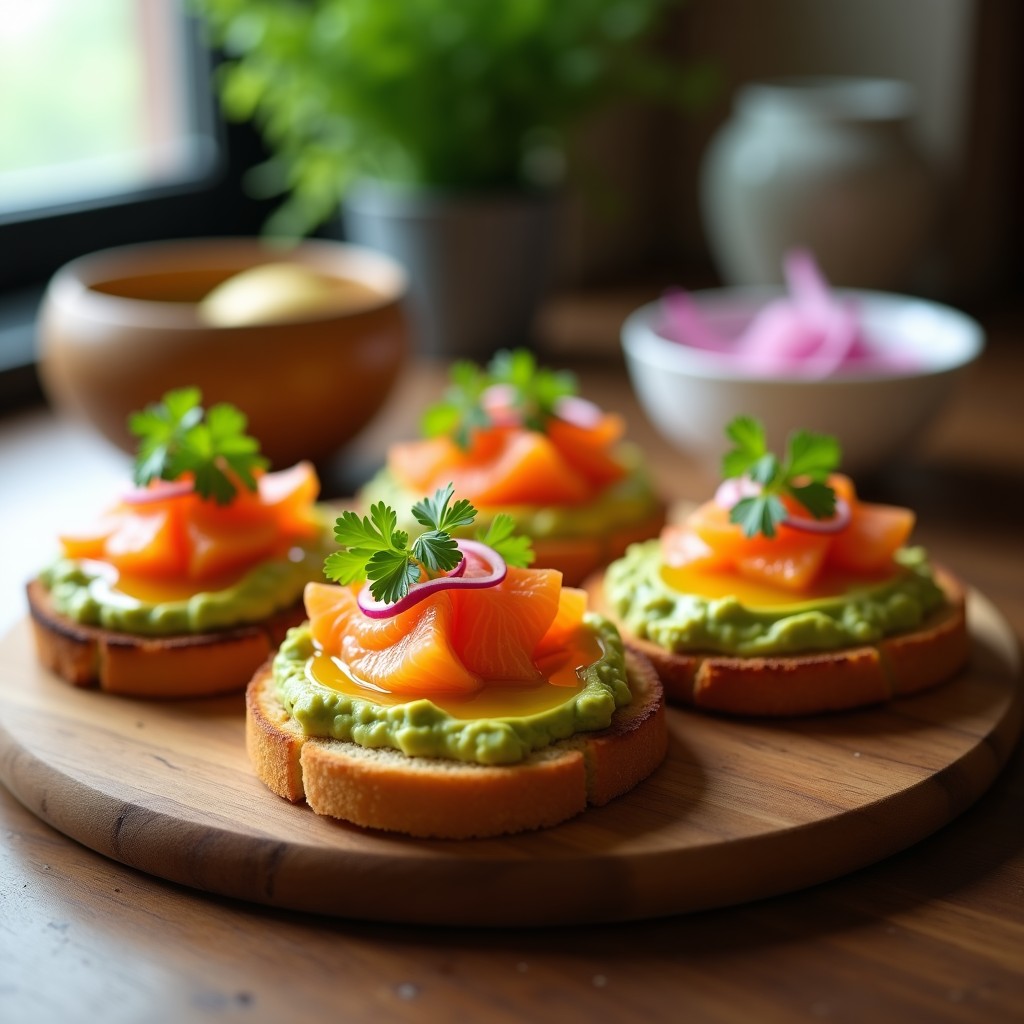 Tostadas doradas de pan de yuca crujientes con una capa cremosa de guacamole verde y huevas de salmón naranjas brillantes, decoradas con semillas de sésamo y cilantro fresco. Plato de receta colombiana keto y sin gluten sobre un fondo rústico de madera.