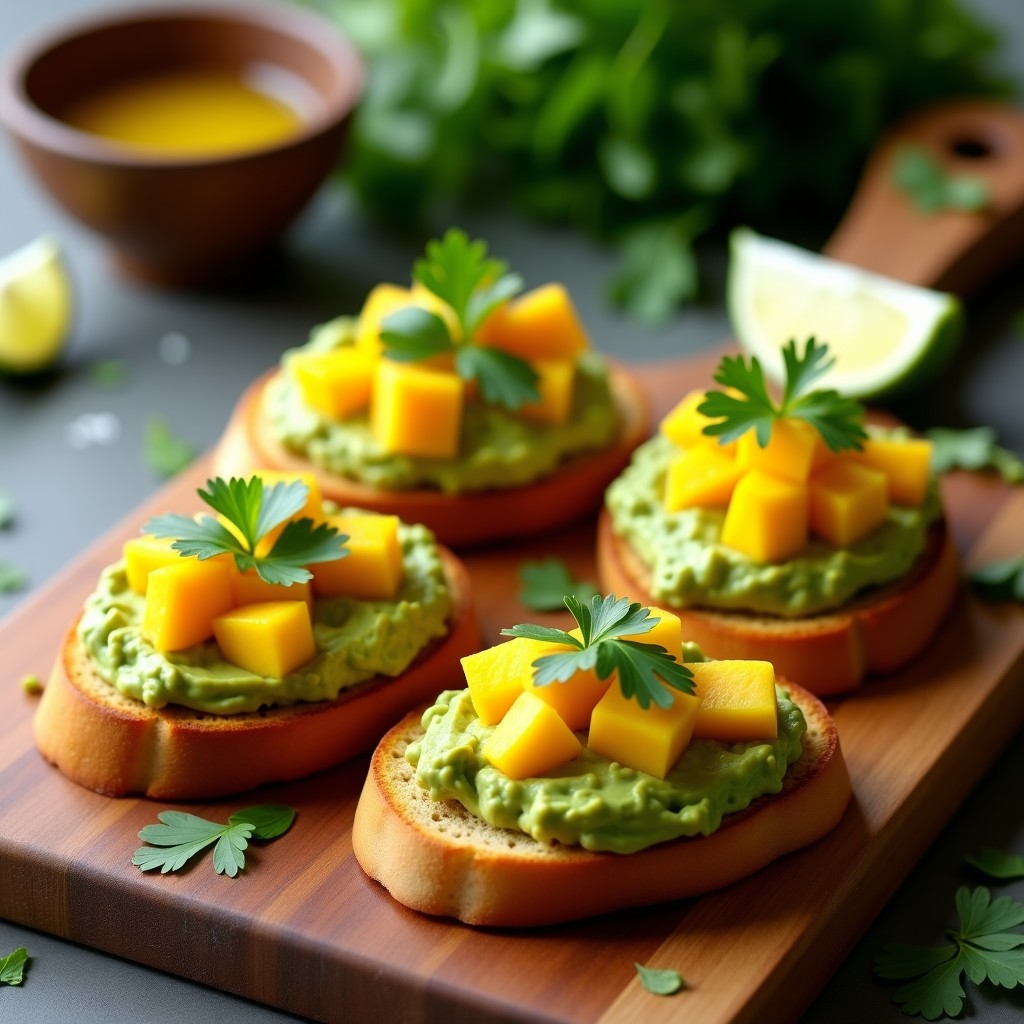 Tostadas crujientes de pan de yuca (casabe) surmontadas con guacamole cremoso de aguacate y mango, decoradas con cubos de mango fresco, cilantro y un hilo de aceite de oliva virgen extra. Plato servido sobre una tabla de madera rústica con fondo de hojas verdes.