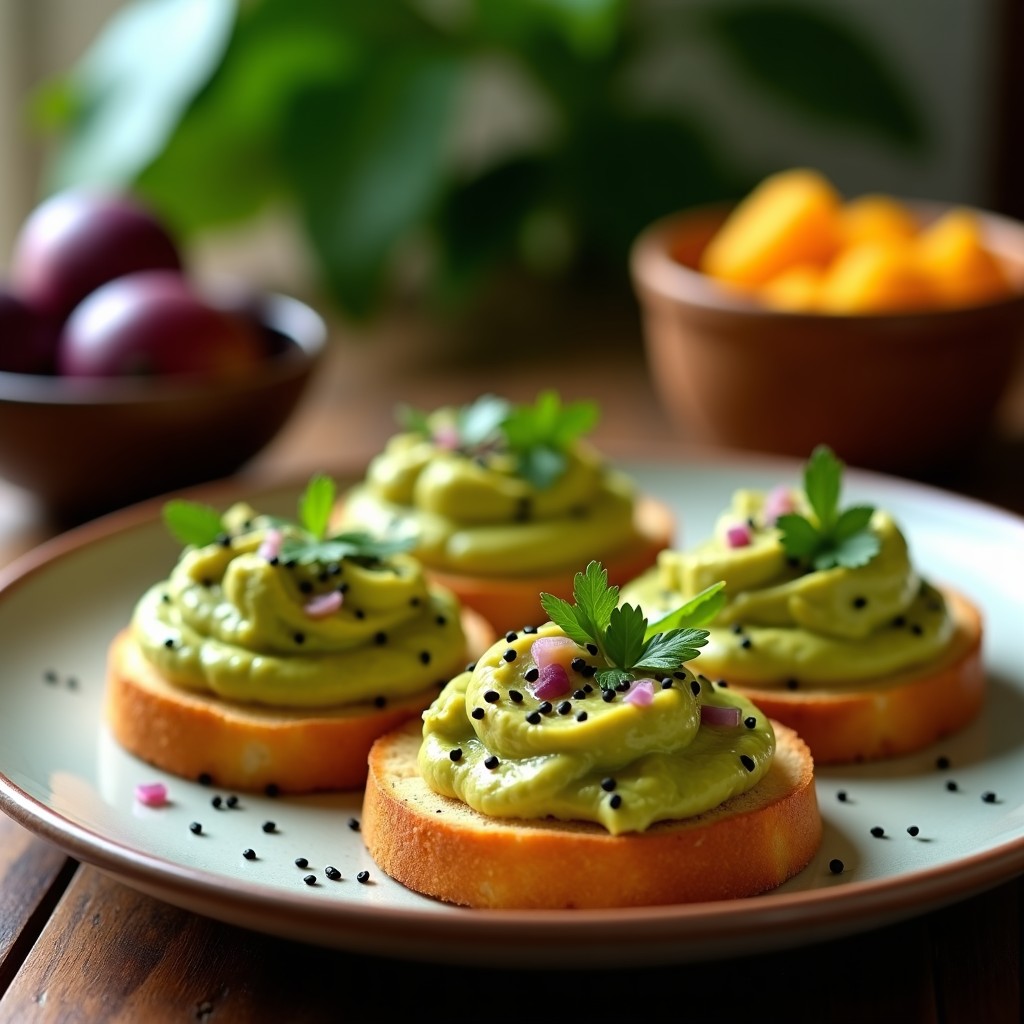 Tostadas doradas de pan de yuca con una capa cremosa de guacamole de mangostán, decoradas con semillas de sésamo negro y copos de chile de árbol, servidas en una bandeja de madera rústica con hojas de menta fresca.