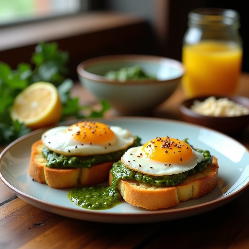 Plato blanco con dos tostadas doradas de pan de yuca, cada una coronada con un huevo pochado de yema líquida y bañada en salsa de chimichurri verde brillante. Fondo rústico con hierbas frescas y aceite de oliva.