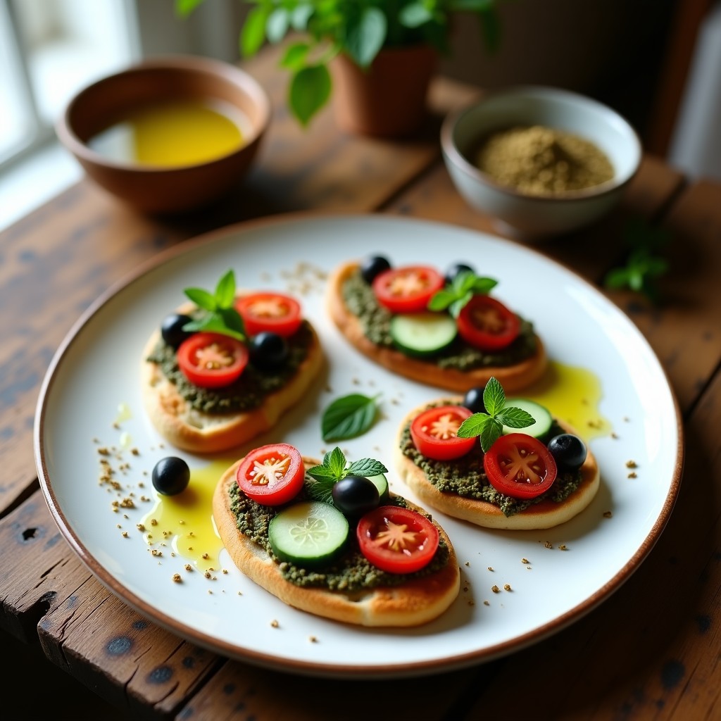 Tostadas doradas de pan de pita con una capa brillante de aceite de oliva y zaatar esparcido, decoradas con semillas de granada rojas y hojas de menta fresca sobre un plato de madera rústico. Receta libanesa de desayuno rápido y sin cocción.