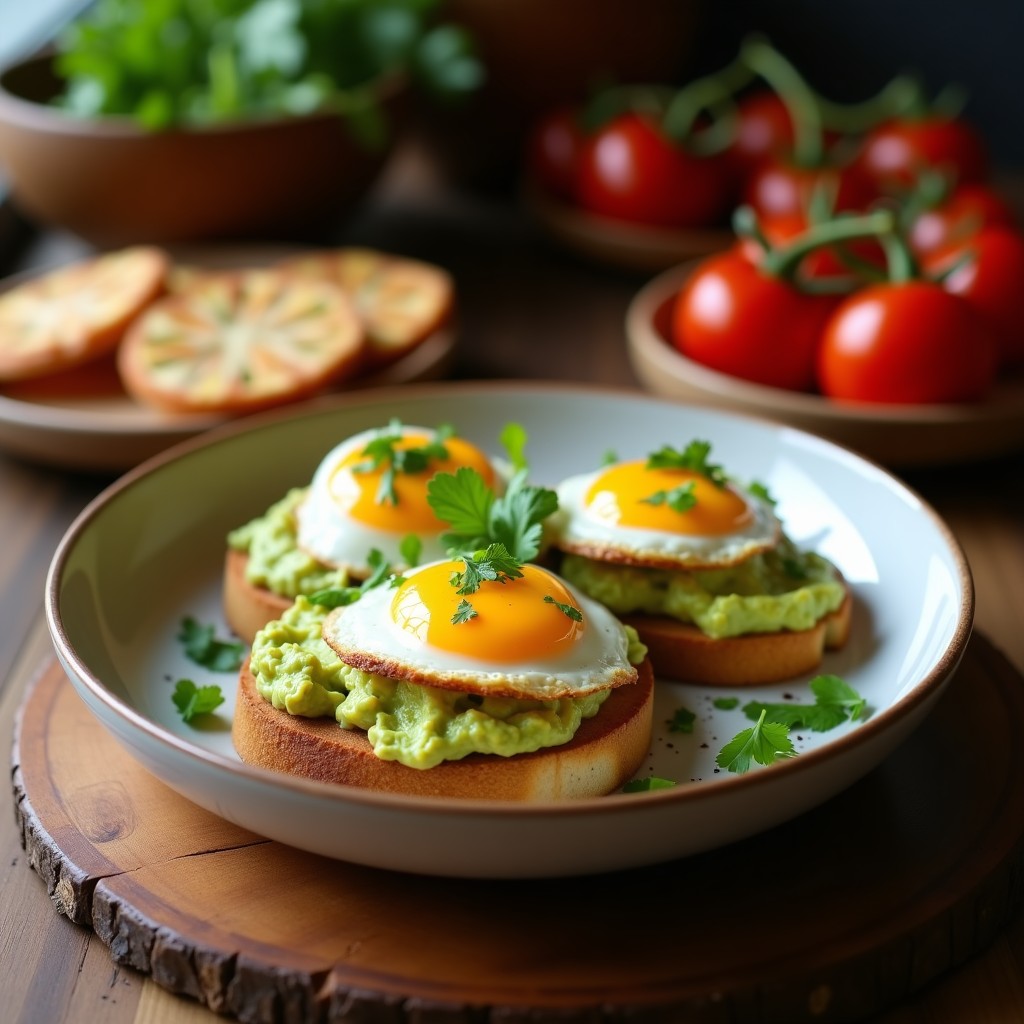Tostadas doradas de pan de plátano verde con guacamole cremoso y huevos poché de yema líquida, decoradas con semillas de sésamo y cilantro fresco. Desayuno caribeño saludable y colorido.