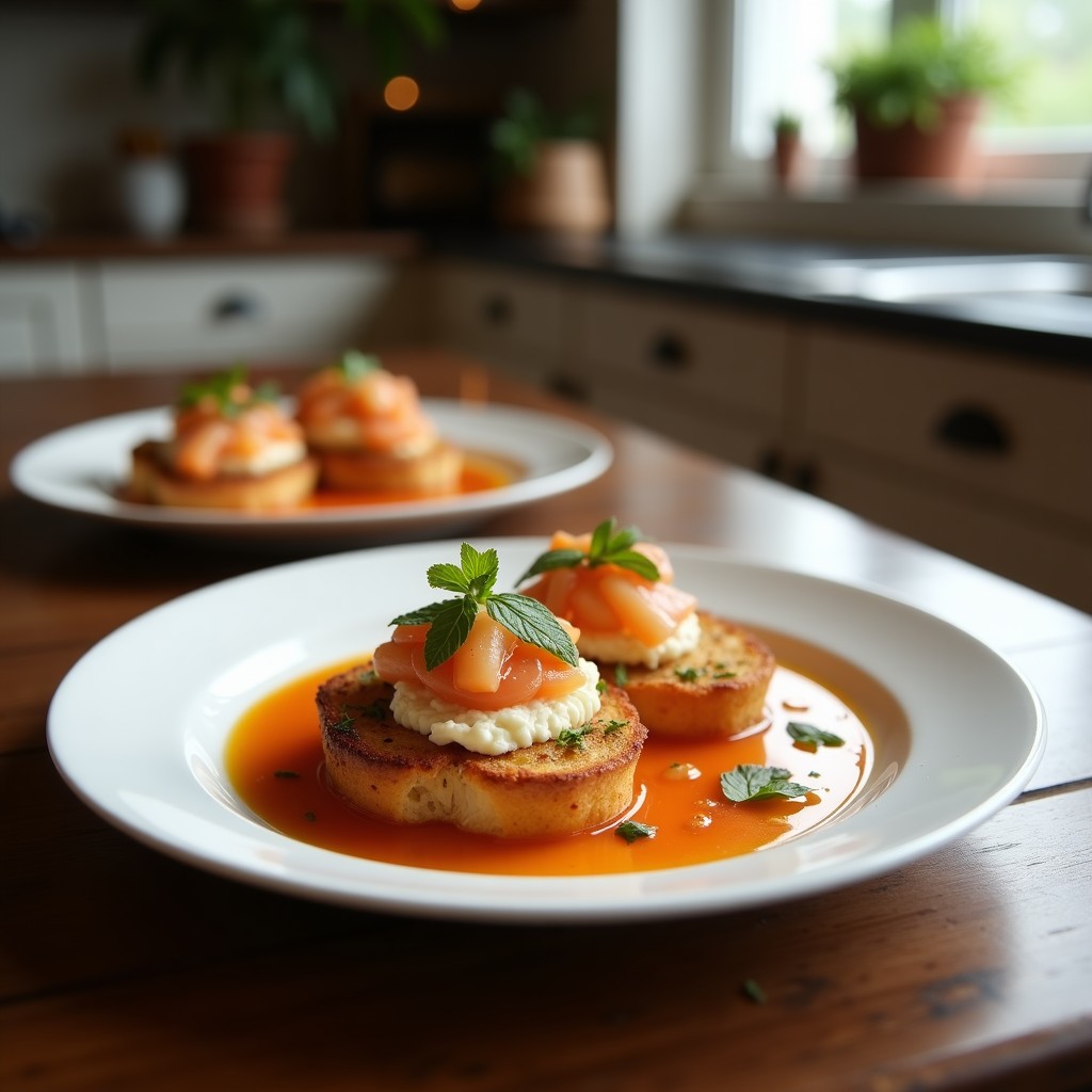 Tostadas doradas de pan de sémola con semillas de sésamo, cubiertas de ricotta de almendras cremosa, rodajas de berenjena asada con pimentón ahumado y decoradas con hojas de albahaca fresca y un hilo de miel. Plato de desayuno mediterráneo sin gluten.