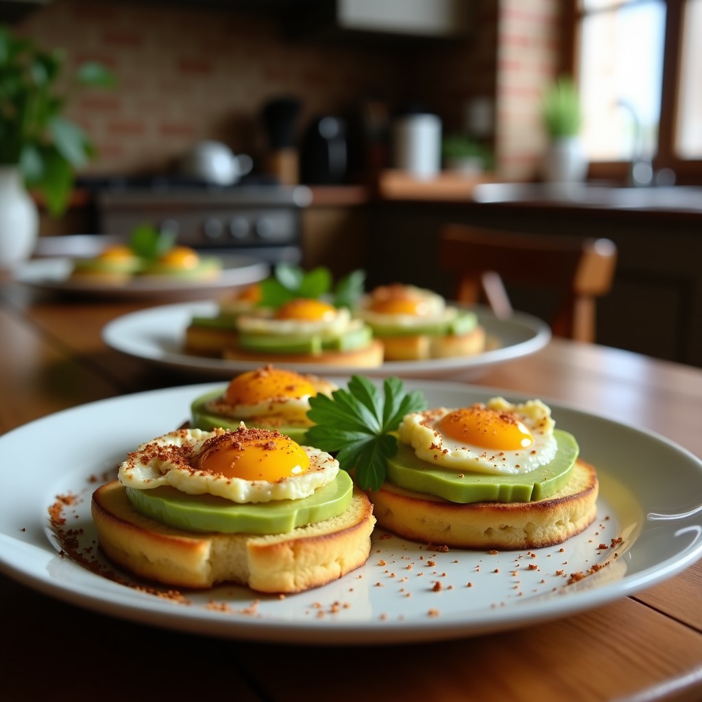 Plato blanco con dos tostadas de pan de trigo sarraceno doradas, cubiertas con aguacate cremoso, huevos de codorniz sunny side up con yema líquida, semillas de sésamo y cilantro fresco. Receta de desayuno alto en proteína y sin gluten.