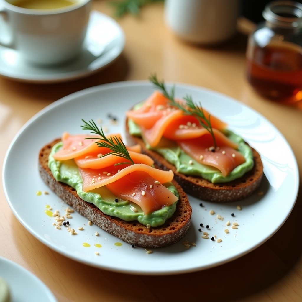 Plato blanco con dos tostadas doradas de pan de trigo sarraceno, cubiertas con crema verde de berros y láminas rosadas de salmón ahumado. Espolvoreado con semillas de sésamo y eneldo fresco. Desayuno keto elegante y saludable.