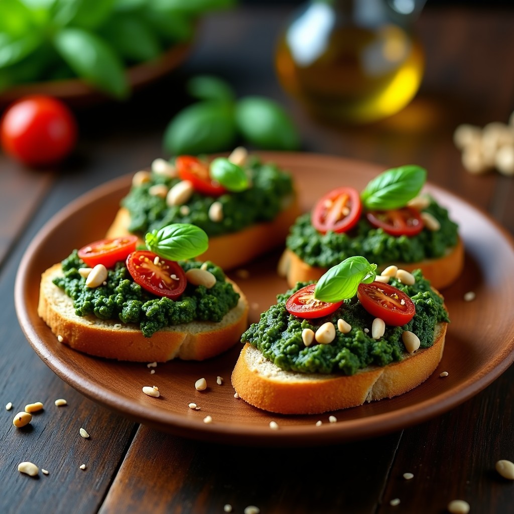 Tostadas doradas de pan de trigo sarraceno con una capa cremosa de pesto verde de espinacas y trocitos rojos de tomates secos, decoradas con hojas de albahaca y un hilo de aceite de oliva sobre un plato de madera rústico, estilo italiano sin gluten.
