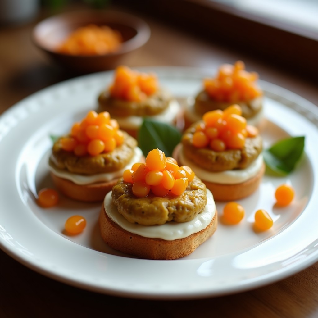 Tostas de pan de centeno dorado con una capa cremosa de puré de garbanzos negros, coronadas por caviar de berenjena oscura y brillante, decoradas con perejil fresco y semillas de sésamo, servidas en una tabla de madera rústica con fondo borroso.