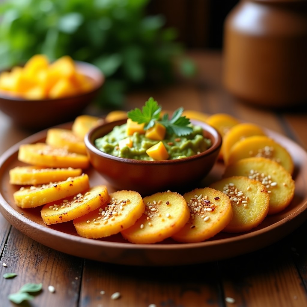 Tostones de plátano verde dorados y crujientes servidos en un plato de madera con guacamole de mango cremoso y colorido, decorado con semillas de sésamo y cilantro fresco. Receta dominicana sin gluten en airfryer.
