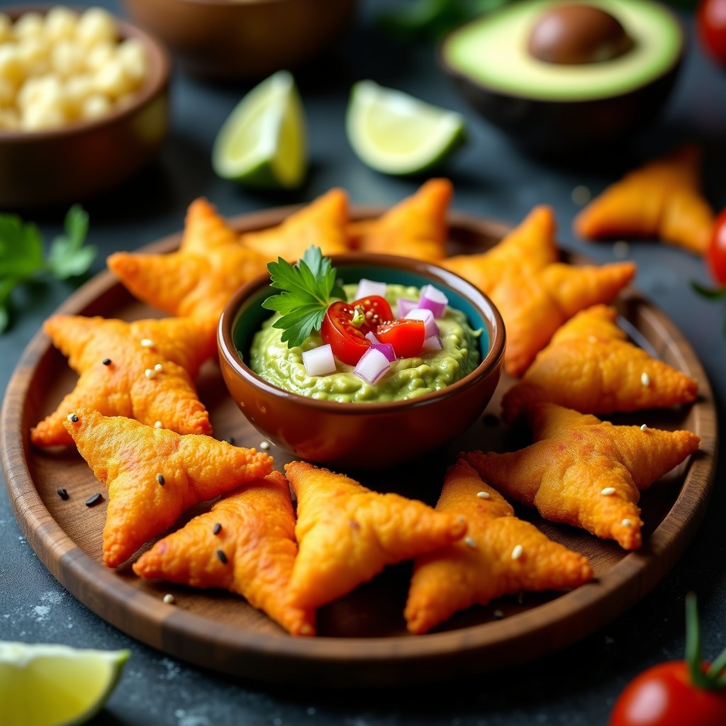 Totopos dorados y crujientes de lentejas rojas con forma de triángulo, servidos en un plato de madera rústica con guacamole de aquafaba cremoso y decorado con semillas de sésamo, cilantro fresco y rodajas de limón. Aperitivo vegano crujiente en airfryer.