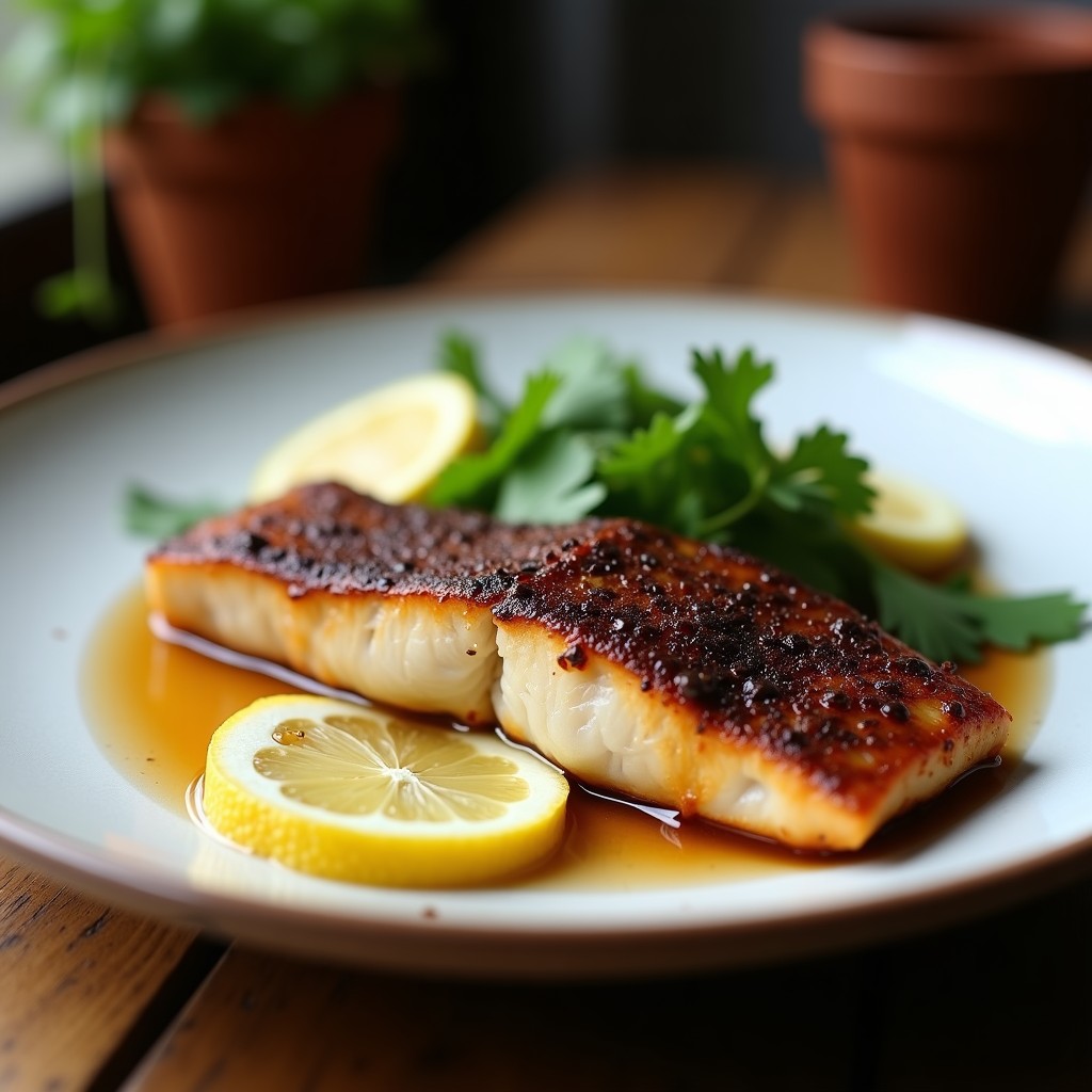 Filete de trucha ahumada con costra de café y especias, dorado y crujiente, servido en plato blanco con rodaja de limón y hojas de cilantro.