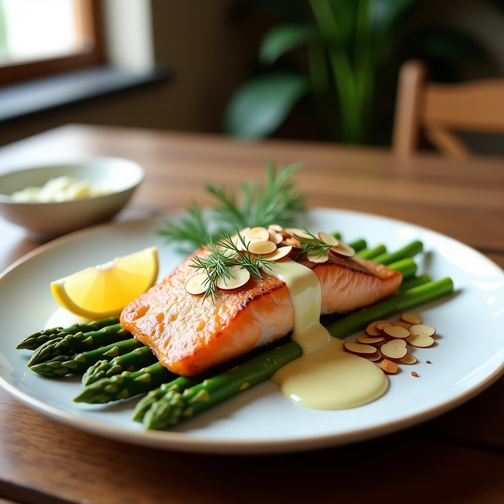 Plato elegante con filete de trucha ahumada dorada, espárragos trigueros tiernos y crema de eneldo verde brillante, decorado con almendras laminadas y rodaja de limón.