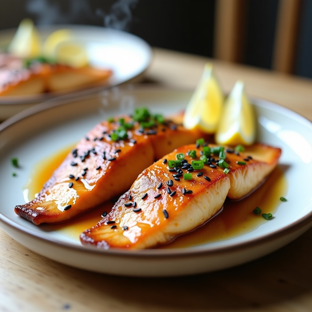 Filetes de trucha al horno con piel dorada y crujiente, bañados en una salsa brillante de miso y miel, decorados con semillas de sésamo negro y cebollino fresco. Acompañados de gajos de limón sobre un plato blanco rústico, receta japonesa rápida y saludable.