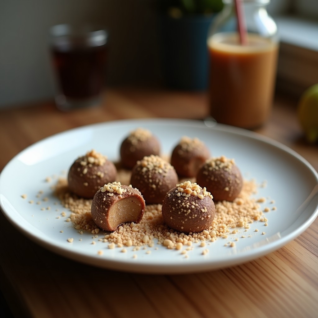 Trufas heladas de café y aceite de coco keto servidas en un plato blanco, con coco rallado por encima y un fondo de cacao en polvo. Textura cremosa y brillante, ideal para postre sin lácteos.