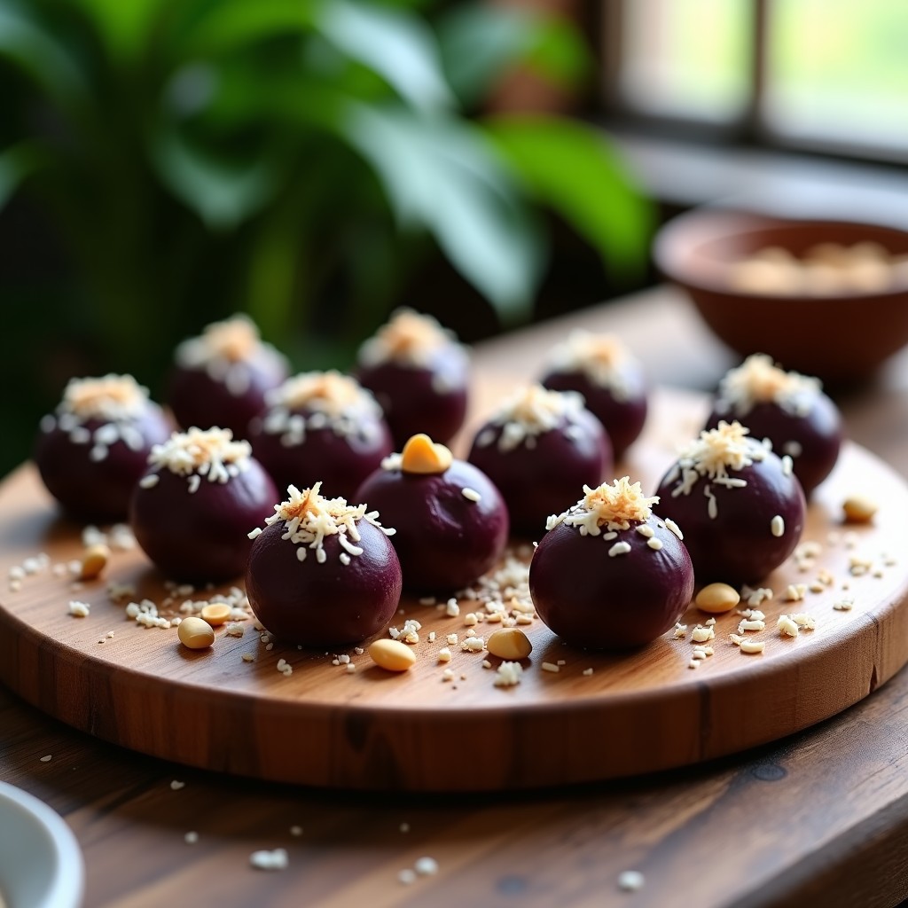 Trufas de açaí y cacahuete sin azúcar sobre una bandeja de madera oscura, con coco rallado y cacahuetes picados en la superficie, fondo borroso con hojas verdes para resaltar el origen brasileño.