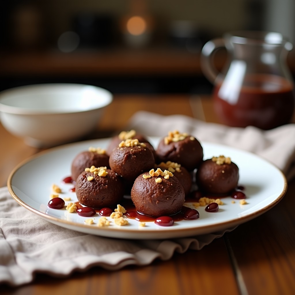 Trufas redondas de color marrón oscuro con recubrimiento de coco rallado y pimentón, sobre una tabla de madera rústica. Se aprecian trocitos de almendra en el interior y un brillo suave por el aceite de oliva. Acompañadas de aceitunas kalamata y almendras enteras como decoración.