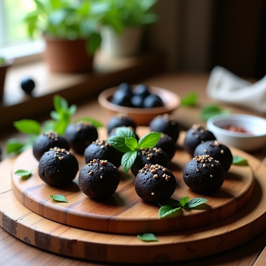 Trufas redondas y oscuras de aceitunas negras y cacahuete, cubiertas con sésamo negro y almendras molidas, dispuestas en una bandeja de madera rústica con hojas de menta fresca como decoración. Aperitivo vegano sin horno y alto en grasas saludables.