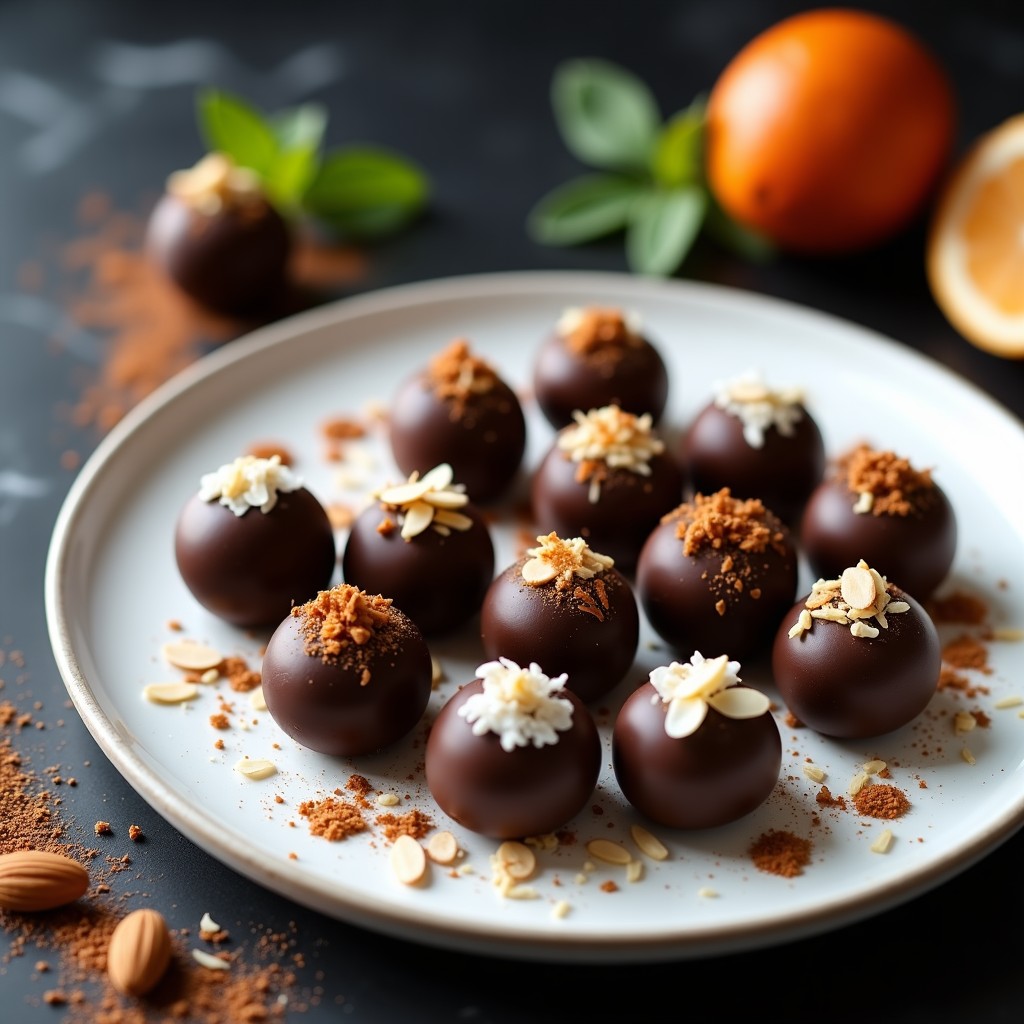 Trufas redondas y brillantes de almendra y cacao con esencia de bergamota, decoradas con ralladura de bergamota y virutas de almendra, sobre un plato de porcelana negra con fondo difuminado.