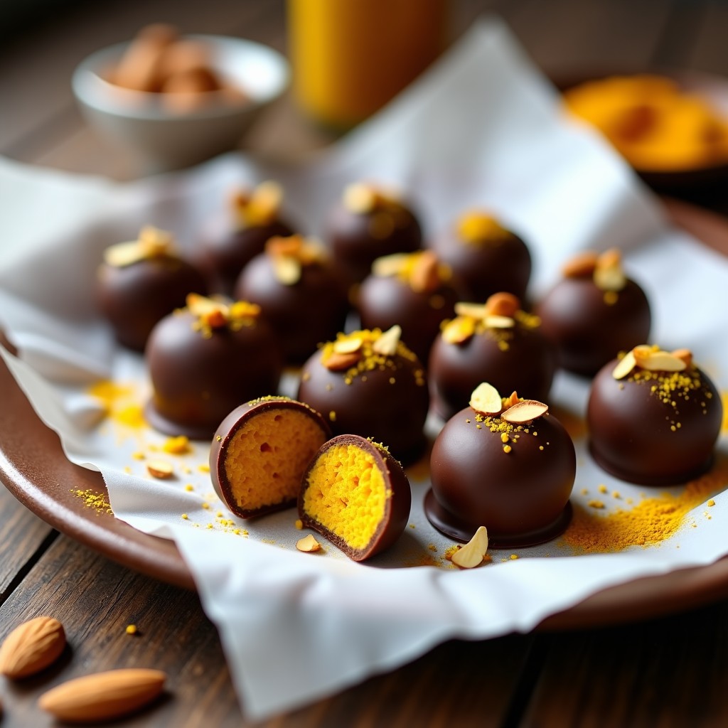 Trufas de almendra y cúrcuma con cobertura de chocolate 100% keto: bolitas doradas y brillantes sobre papel vegetal, decoradas con cúrcuma en polvo y almendra fileteada, postre antiinflamatorio y bajo en carbohidratos.