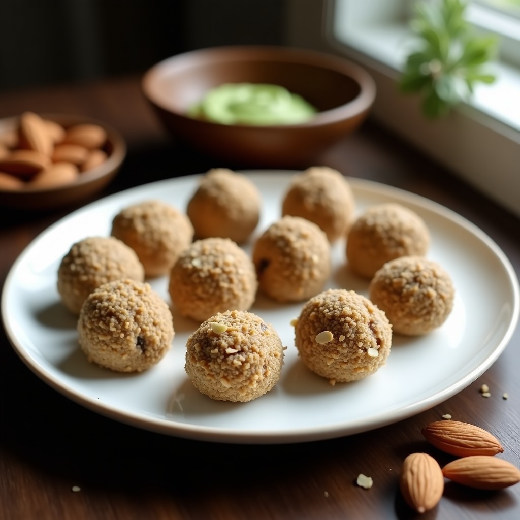 Trufas redondas de color marrón claro con textura rugosa por almendras fileteadas, dispuestas en una fuente de cerámica blanca sobre fondo de madera oscura, postre japonés sin azúcar.