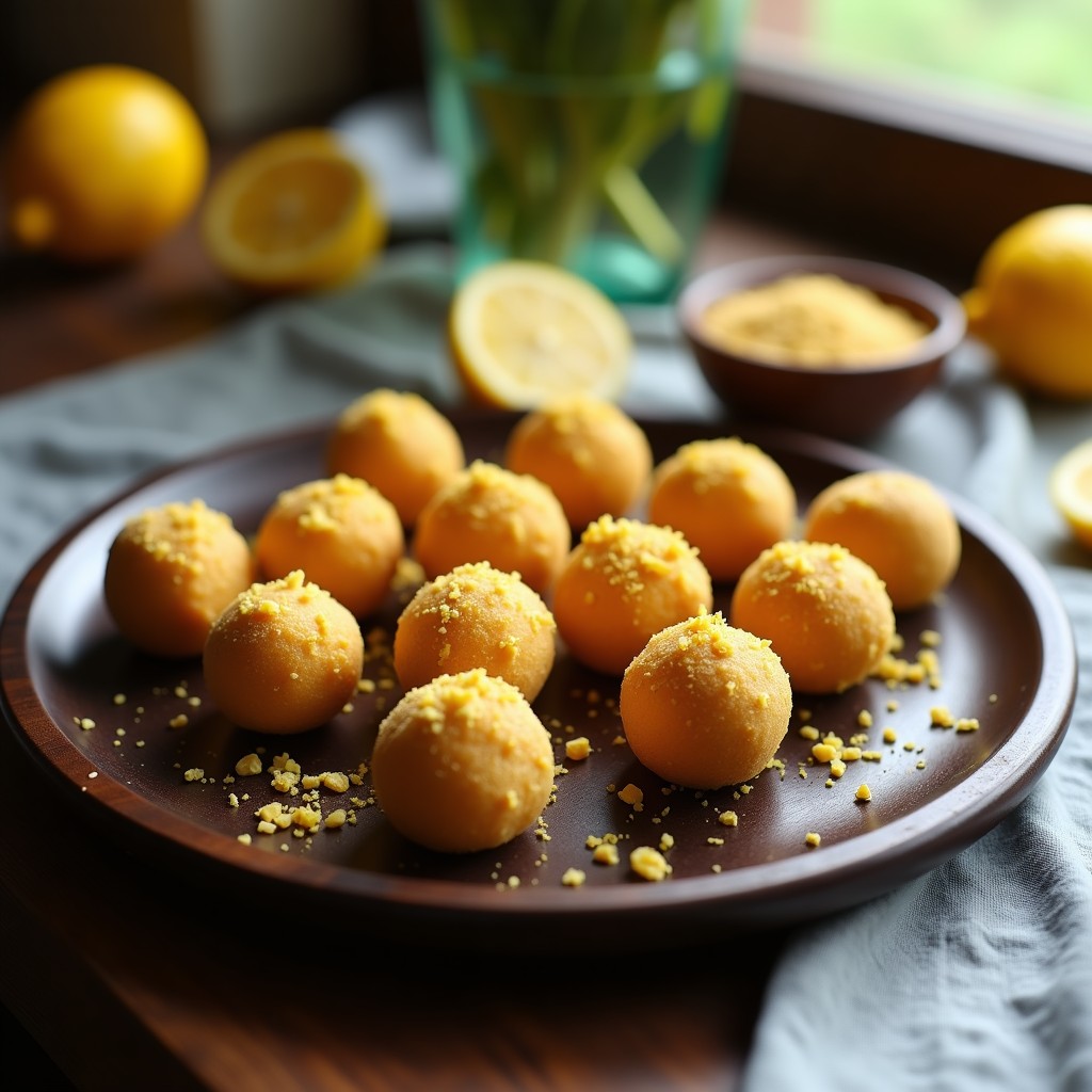 Trufas redondas de color dorado claro con textura rugosa, espolvoreadas con almendras molidas y ralladura de limón, dispuestas sobre una bandeja de madera oscura con rodajas de limón fresco al fondo.