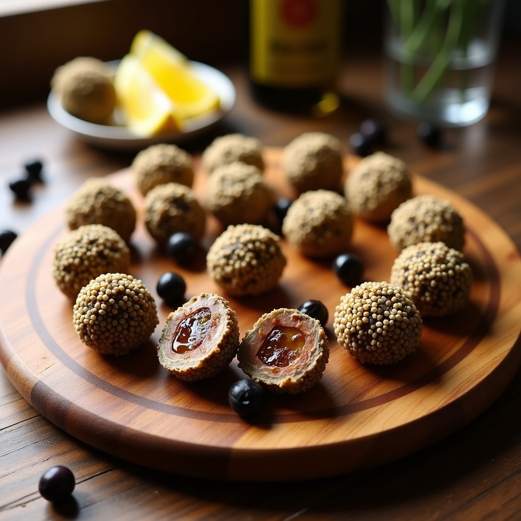 Trufas de anschois y tapenade de aceitunas negras keto dispuestas en fuente de madera, con semillas de sésamo tostado y un hilo de aceite de oliva virgen extra, aperitivo elegante y bajo en carbohidratos.