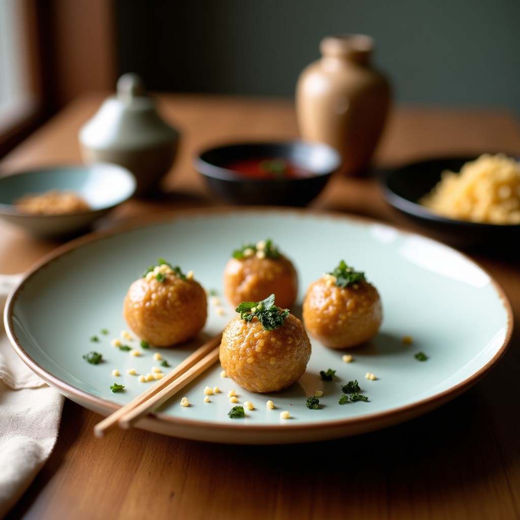 Trufas de cacahuete y alga nori dispuestas en un plato de cerámica negra, rebozadas en semillas de sésamo negro y copos de coco, con un fondo de papel de horno y hojas de nori decorativas.