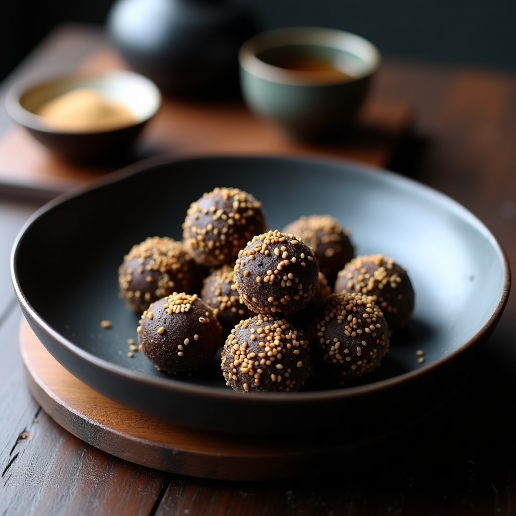 Trufas de cacahuete y alga nori keto con toque umami, decoradas con semillas de sésamo negras y cacahuetes triturados, sobre un plato de cerámica negra japonesa con fondo de madera oscura.