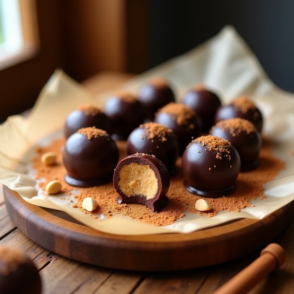 Trufas de cacahuete y canela con cobertura de chocolate 90% sobre papel de horno, postre keto y energético con textura brillante y espolvoreadas con canela en polvo.