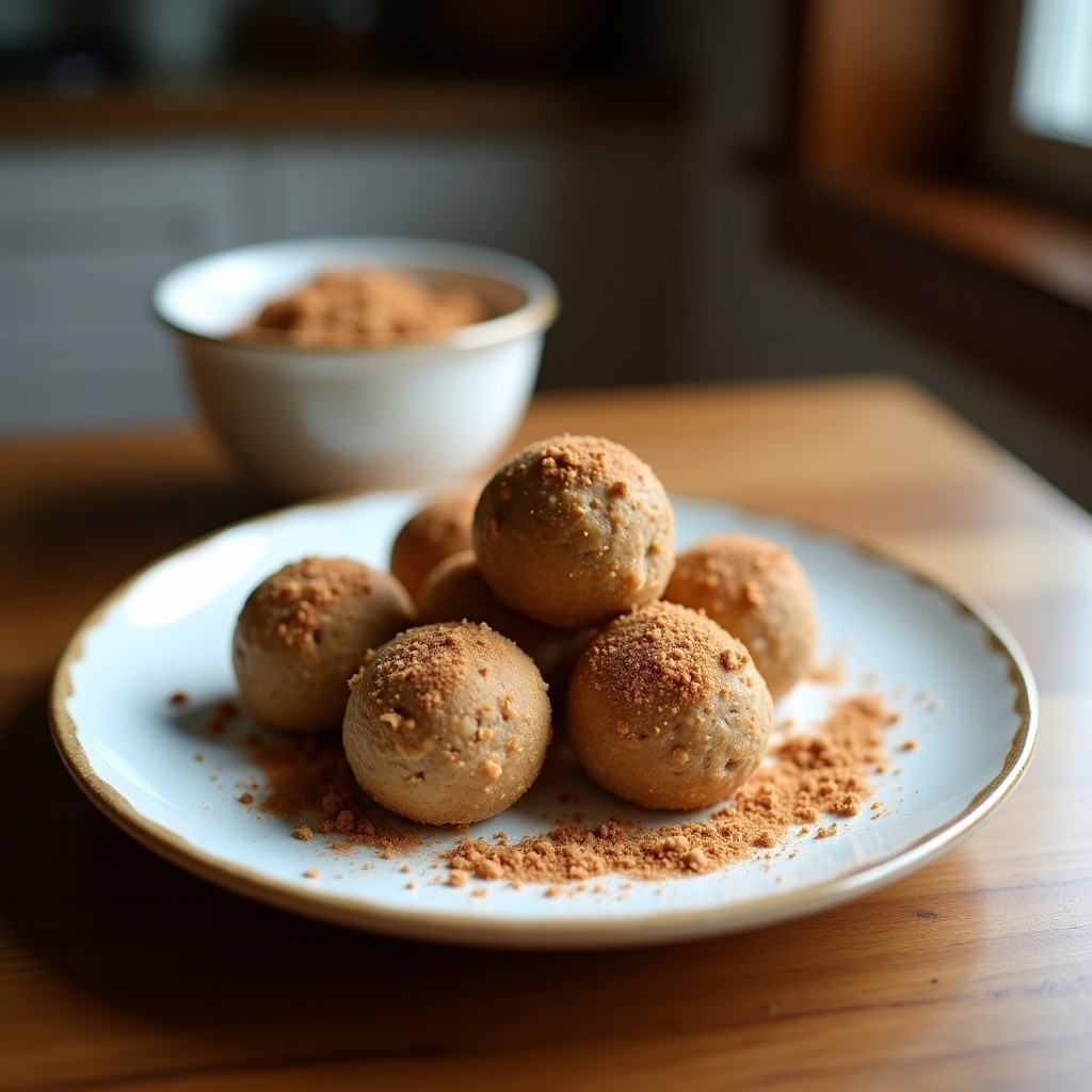 Trufas de cacahuete y canela sin horno dispuestas en una bandeja de madera rústica, rebozadas en coco rallado y cacahuetes triturados, con un fondo borroso de especias y semillas. Postre vegano rico en magnesio.
