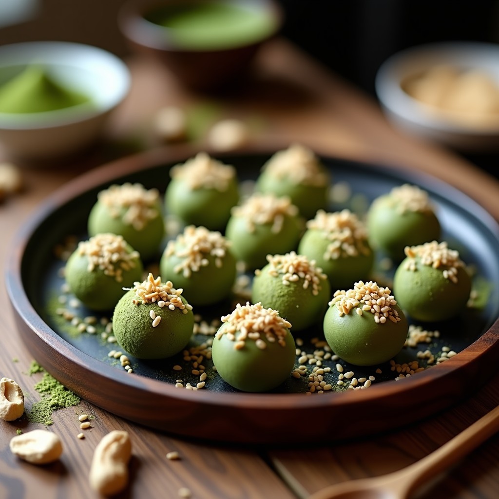 Trufas de cacahuete y matcha dispuestas en una bandeja de madera oscura, cubiertas con semillas de sésamo tostado y coco rallado. El verde vibrante del matcha contrasta con el marrón dorado de los cacahuetes. Postre japonés sin horno y alto en energía.