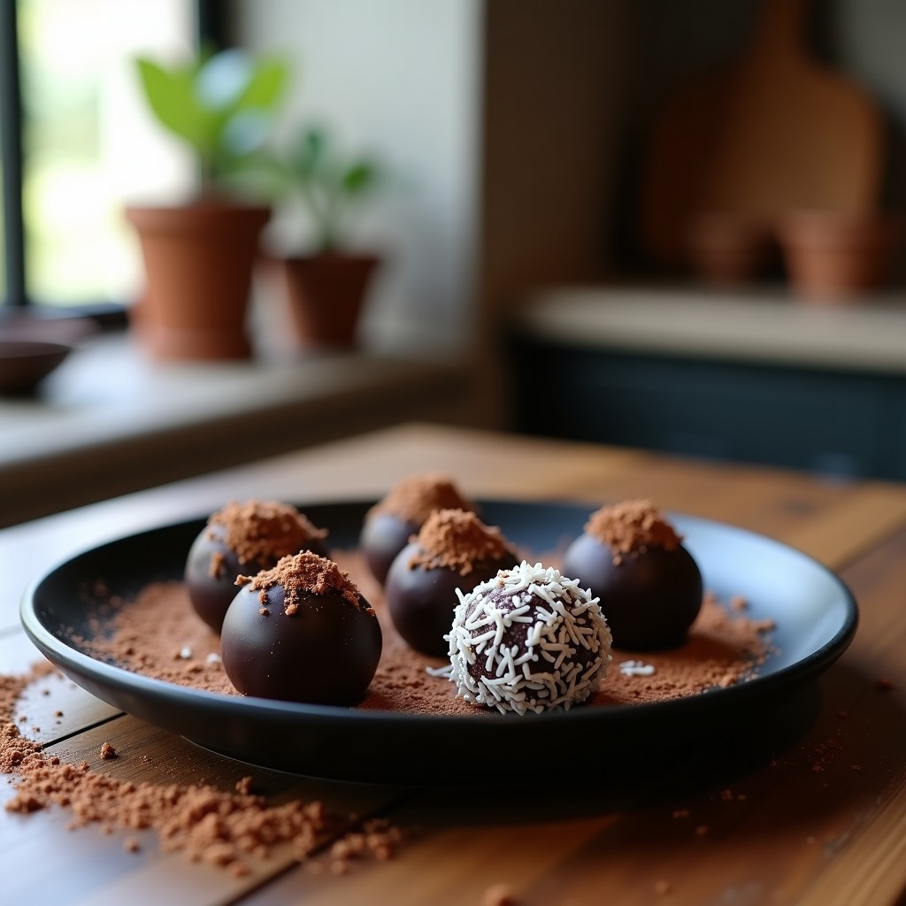 Trufas de cacao y aceite de CBD veganas sin azúcar, con recubrimiento de coco rallado y semillas de chía, dispuestas en una bandeja de madera con un fondo oscuro que resalta su textura cremosa y brillo natural.