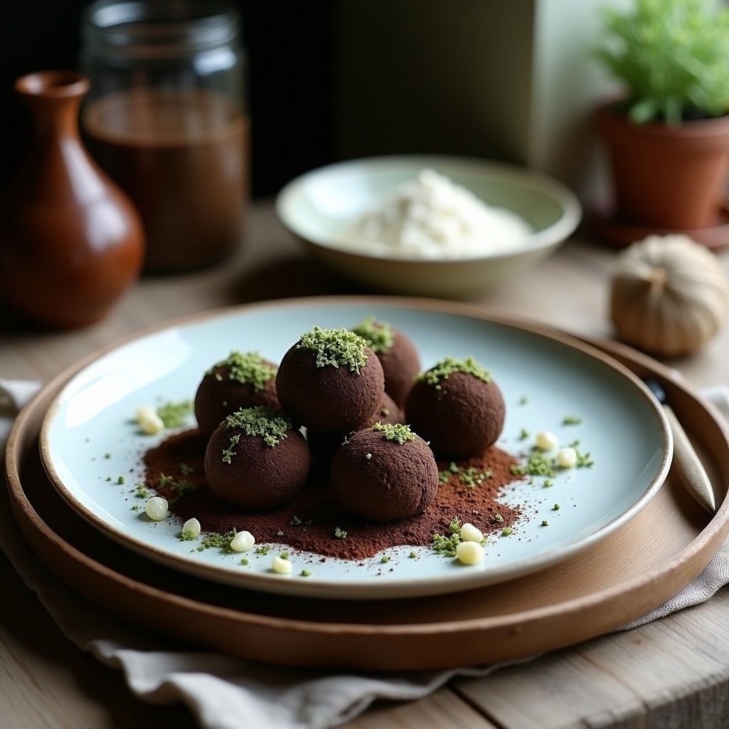 Trufas de cacao y aceite de coco con espirulina sobre bandeja de madera, decoradas con almendras fileteadas y espolvoreadas con cacao en polvo, snack energético vegano sin horno.