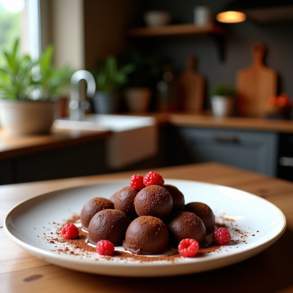 Trufas de cacao y acerola sobre una fuente de madera oscura, espolvoreadas con coco rallado y decoradas con rodajas finas de limón y semillas de chía. Postre brasilero sin azúcar con un brillo natural y textura suave.