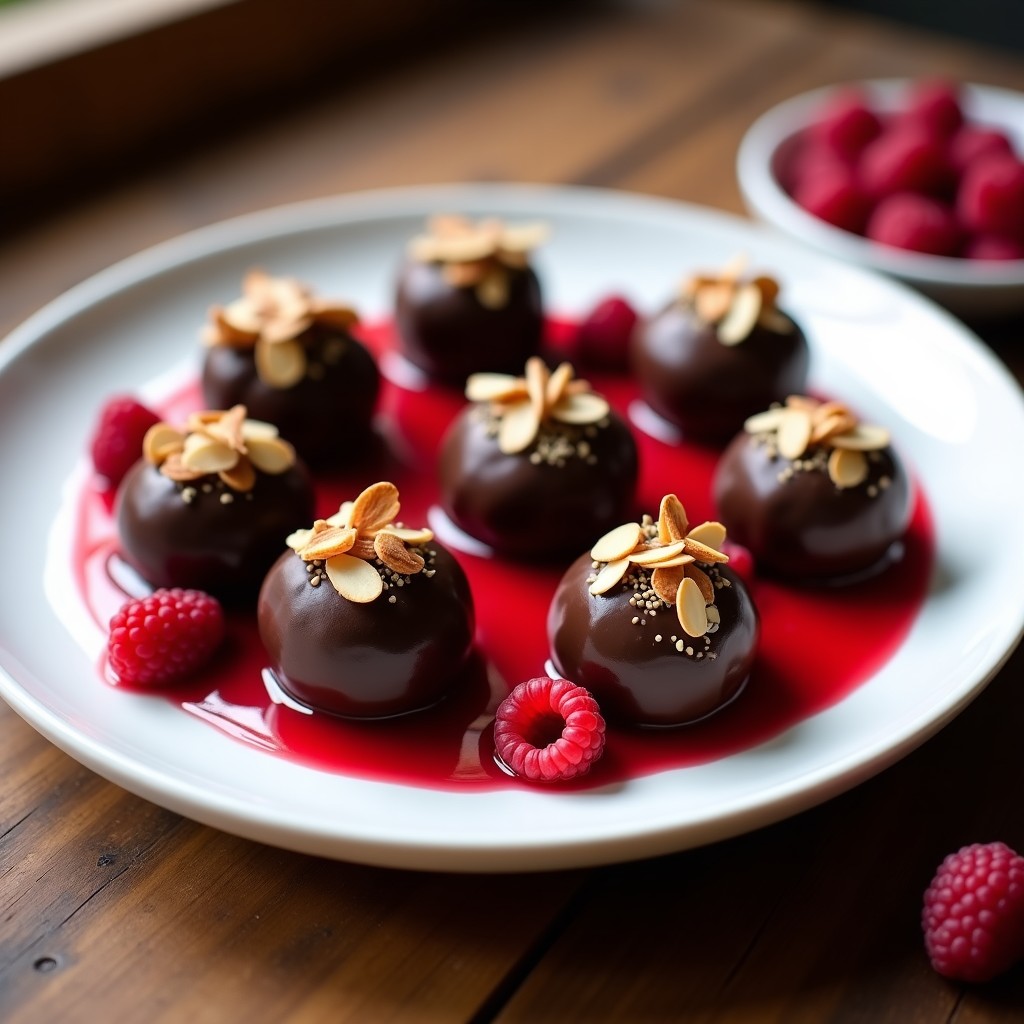 Trufas de cacao y aguacate con rally de frambuesas: postre vegano sin azúcar. Bolitas oscuras de chocolate rebozadas en almendras fileteadas, servidas en plato blanco con un hilo de salsa roja de frambuesa y frambuesas frescas alrededor.