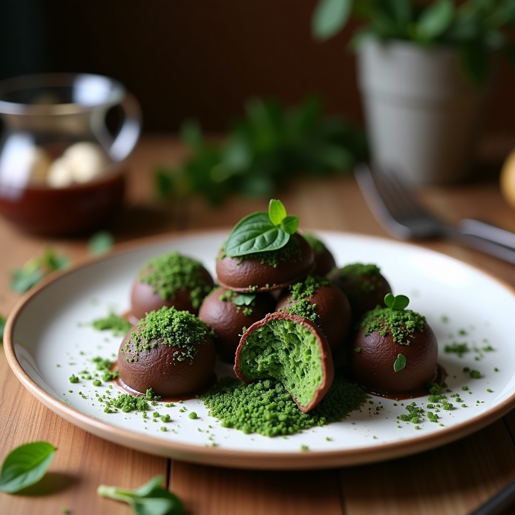 Trufas de cacao y algas chlorella dispuestas en una fuente de madera oscura, cubiertas de coco rallado y decoradas con ralladura de limón. Postre detox sin azúcar con superalimentos.