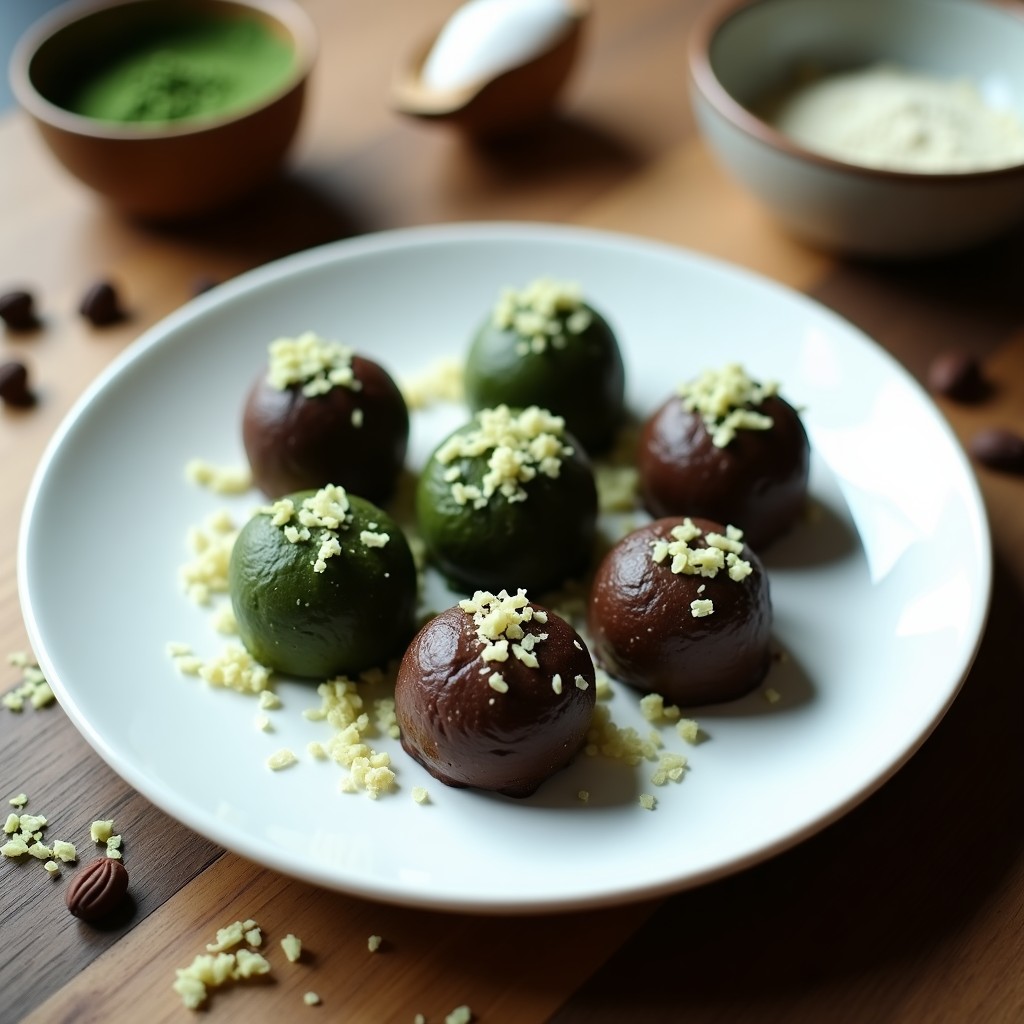 Trufas de cacao y algas espirulina keto sin azúcar dispuestas en bandeja de madera, con textura cremosa y cobertura de almendras fileteadas, postre alto en nutrientes.