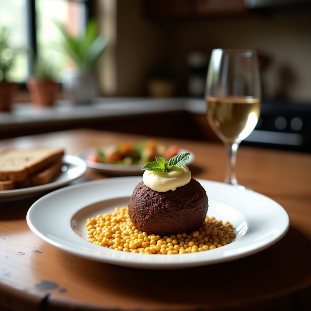 Trufas keto de cacao y almendra con relleno de crema de cacahuete, servidas en un plato blanco con cacao en polvo espolvoreado y almendras fileteadas como decoración.