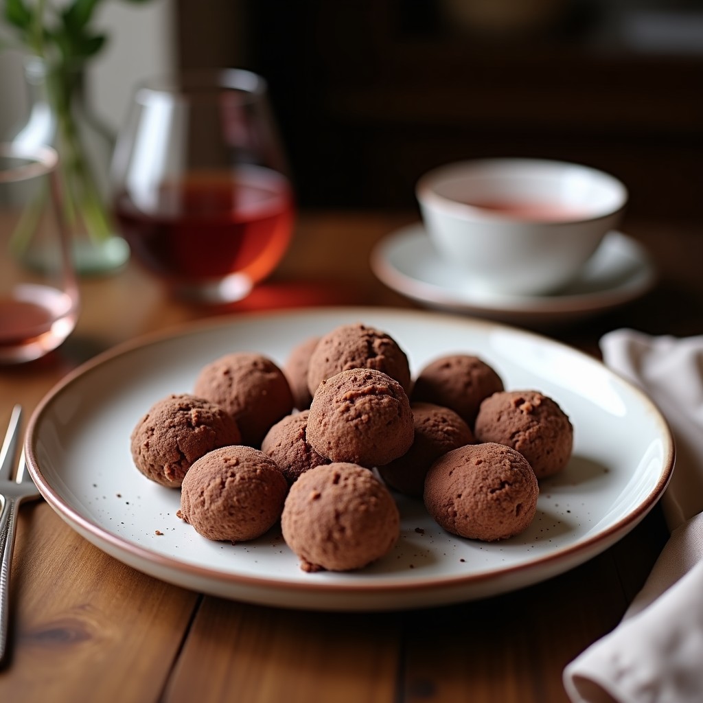 Plato blanco de porcelana con 6 trufas de cacao y avellanas con esencia de rosa, cubiertas de cacao brillante y decoradas con cacao nibs y pétalos de rosa secos, sobre fondo oscuro con textura de mármol.