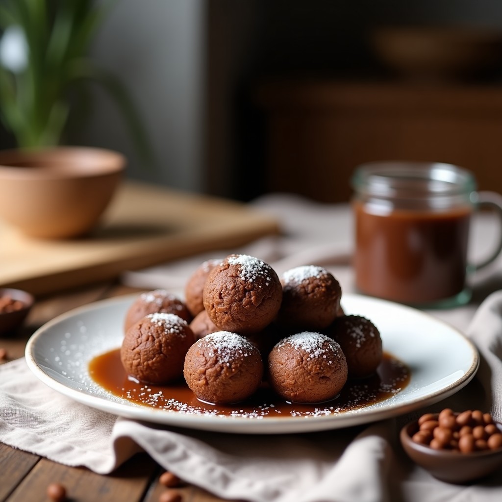 Trufas de cacao y avena proteicas servidas en plato blanco, rebozadas en coco rallado y cacao en polvo, con fondo rústico.