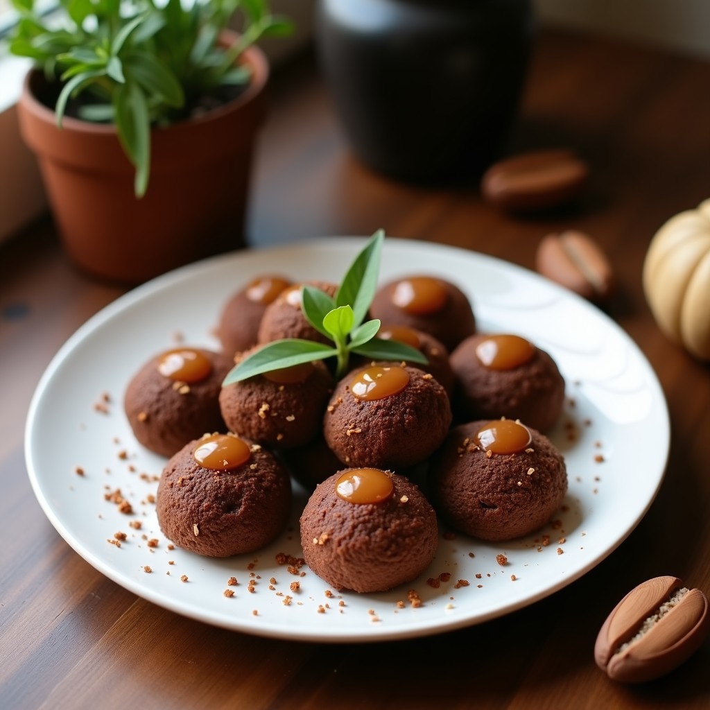 Trufas de cacao y café keto con centro de caramelo salado, decoradas con cacao en polvo y sal marina en escamas, sobre un plato negro de pizarra.