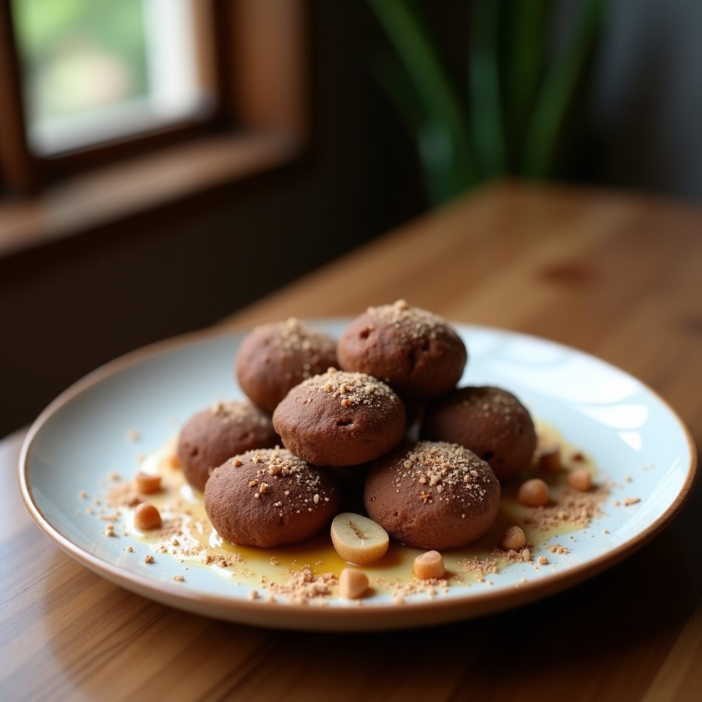 Trufas de cacao y café con nuez de Brasil, postre energético sin azúcar, servidas en una fuente de madera con coco rallado y virutas de cacao.