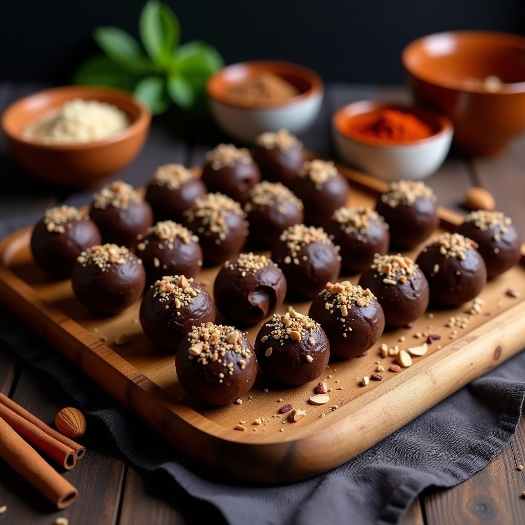 Trufas de cacao y harina de grillo con toque mexicano, cubiertas de coco rallado y semillas de chía, servidas en un plato de barro rústico con fondo de cacao en polvo espolvoreado.