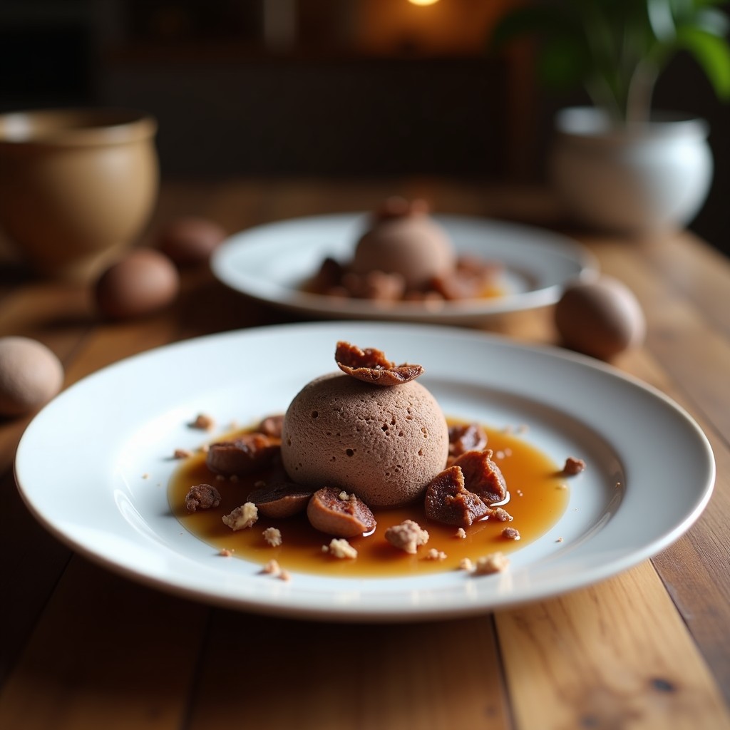 Trufas de cacao y mascarpone de anacardos vegano con textura cremosa, decoradas con cacao nibs y ralladura de limón, sobre un plato negro de pizarra con fondo difuminado.