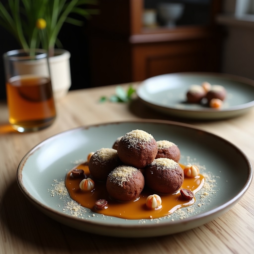 Trufas de cacao y nuez de Brasil veganas, cubiertas con cacao en polvo, dispuestas en una bandeja de madera con hojas de menta y trozos de nuez de Brasil alrededor.