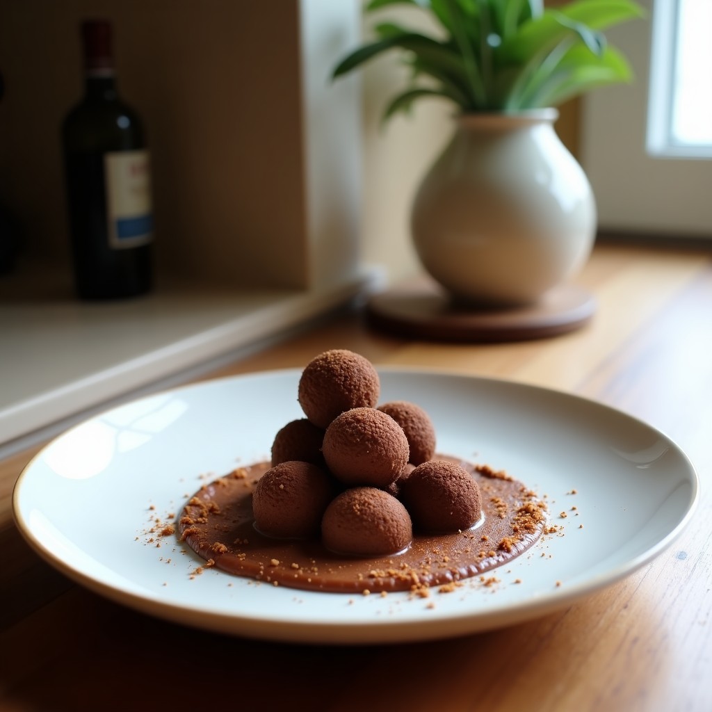 Trufas de cacao y puré de castañas veganas sin azúcar, servidas en plato rústico de cerámica blanca con detalles de cacao en polvo espolvoreado y cacao nibs visibles, fondo oscuro con hojas de menta.