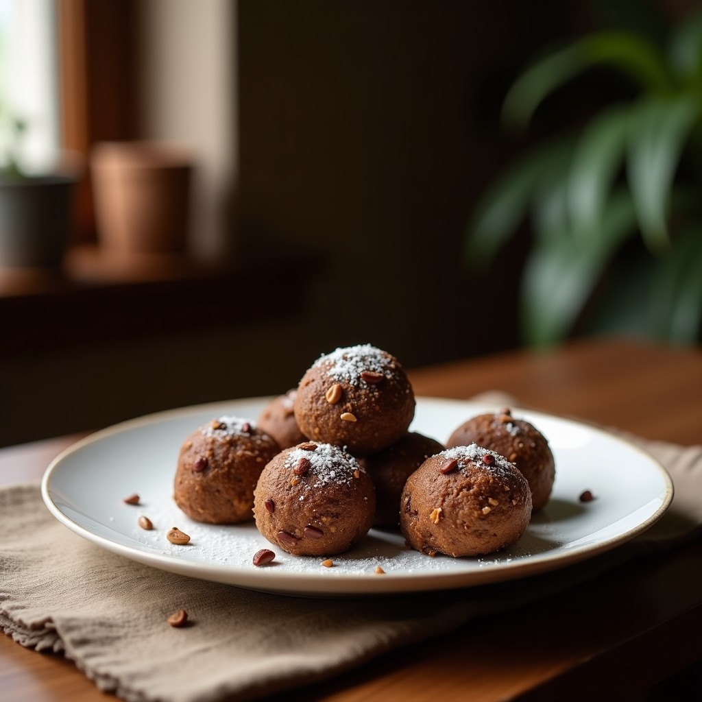 Trufas de café y aceite de coco energizantes, redondas y cubiertas de coco rallado y almendras fileteadas, sobre un plato negro con fondo oscuro. Postre vegano sin horno ni lácteos.