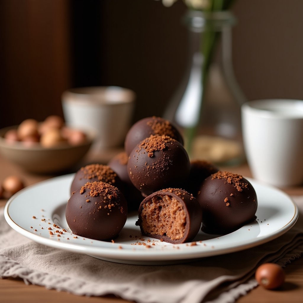Trufas de café y avellana con cobertura de chocolate 90%, postre keto sin azúcar, presentadas en papel de horno con virutas de avellana y polvo de café espolvoreado.
