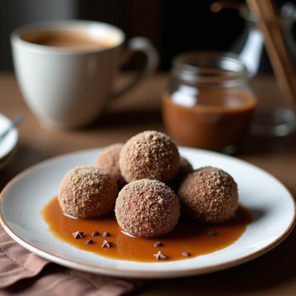 Trufas de café y cacao con núcleo de almendra sobre plato negro, espolvoreadas con cacao y café molido, postre keto y energético.