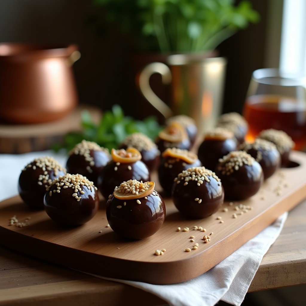 Trufas redondas y oscuras de café y champiñones Portobello sobre una tabla de madera rústica, decoradas con semillas de sésamo y láminas crujientes de champiñón. Aperitivo vegano con textura carnosa y brillante por el aceite de oliva.